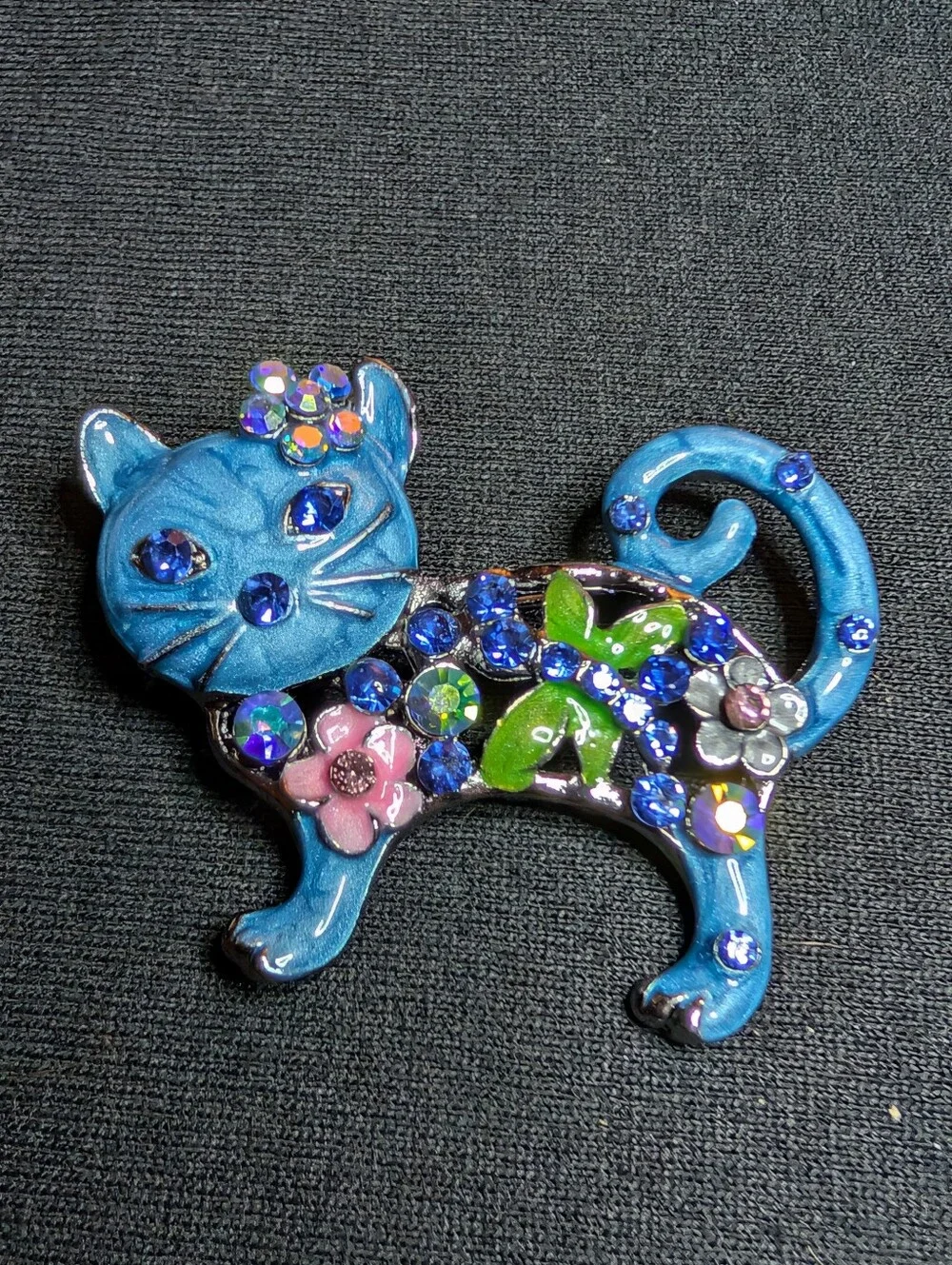 Blue Jeweled Cat Brooch - Decorative Floral Cat Pin